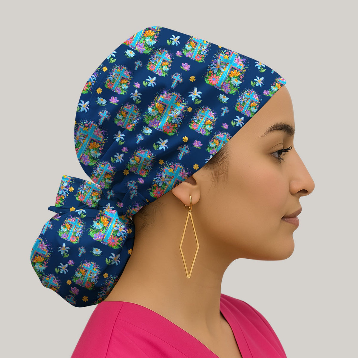 Christian Floral Cross Spring Scrub Cap