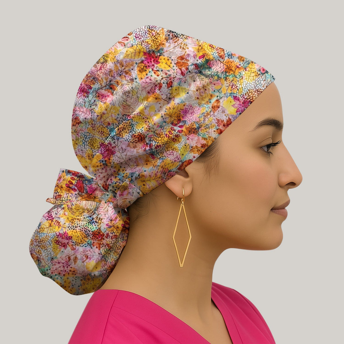 Autumn Floral Leaves Scrub Cap