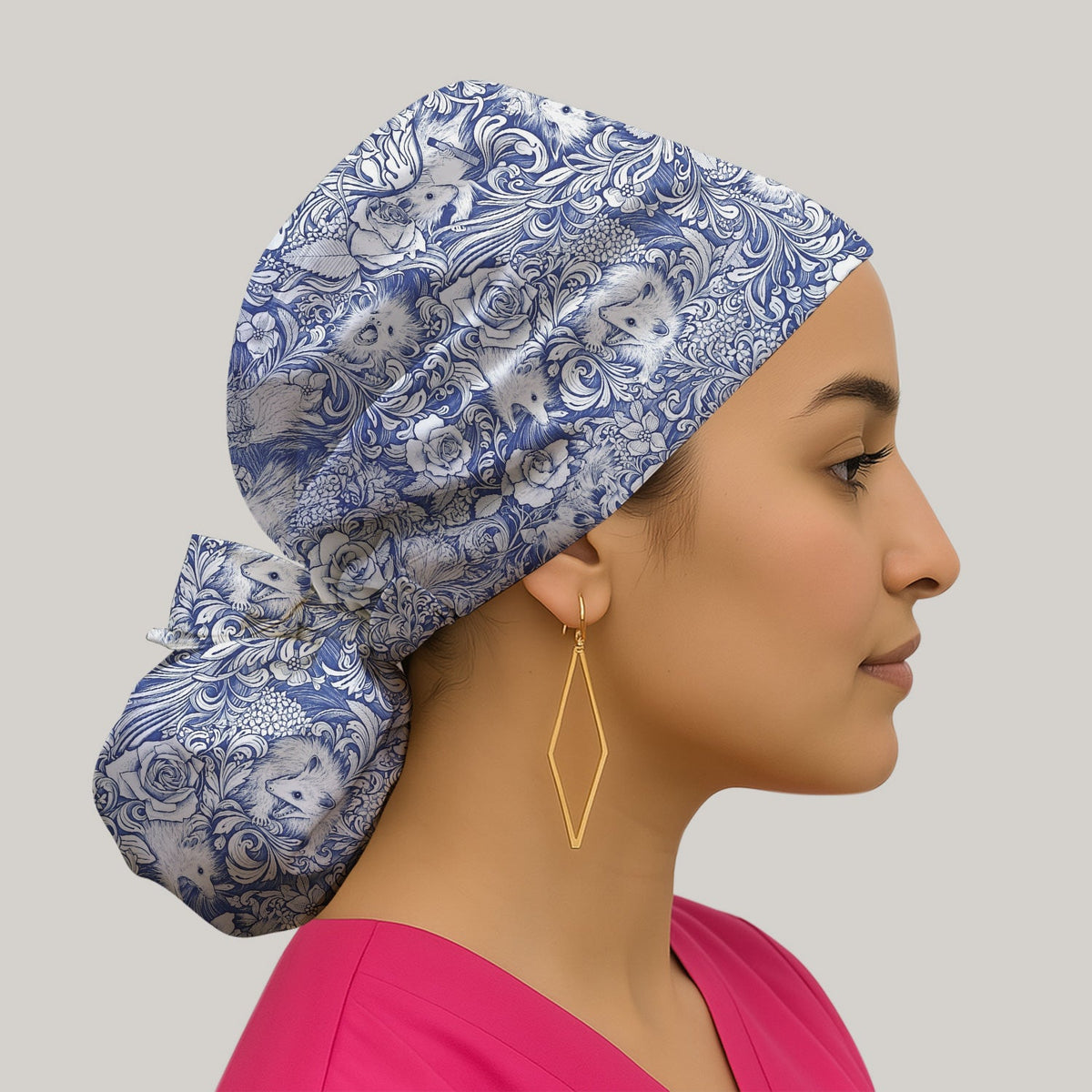 Blue Floral Opossum And Roses Scrub Cap