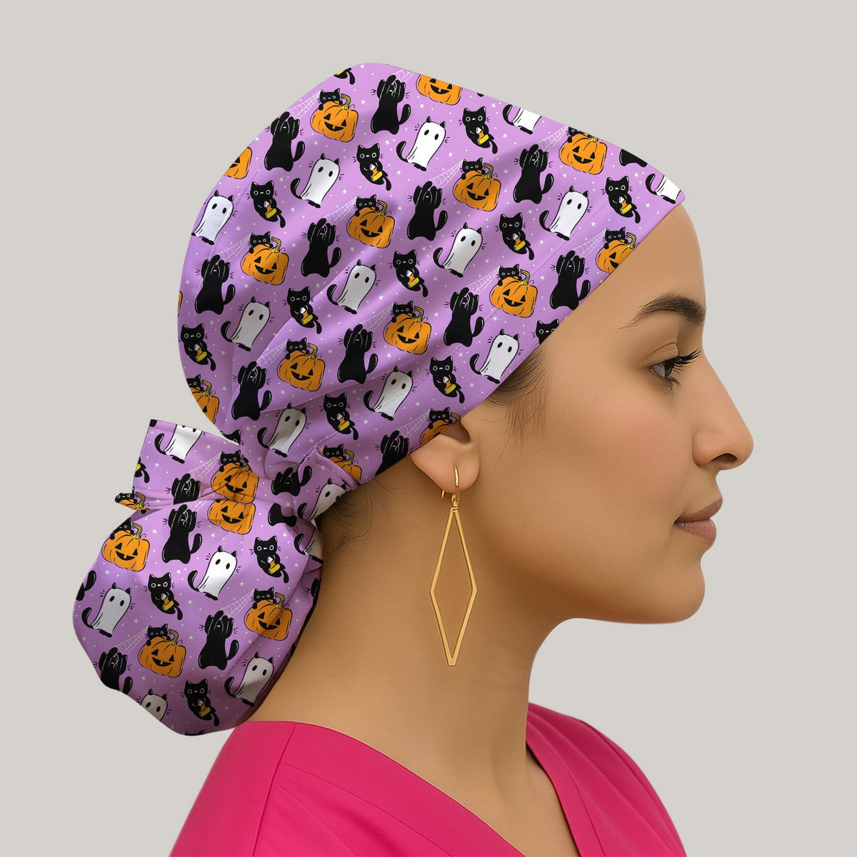Purple Halloween Black Cat Scrub Cap