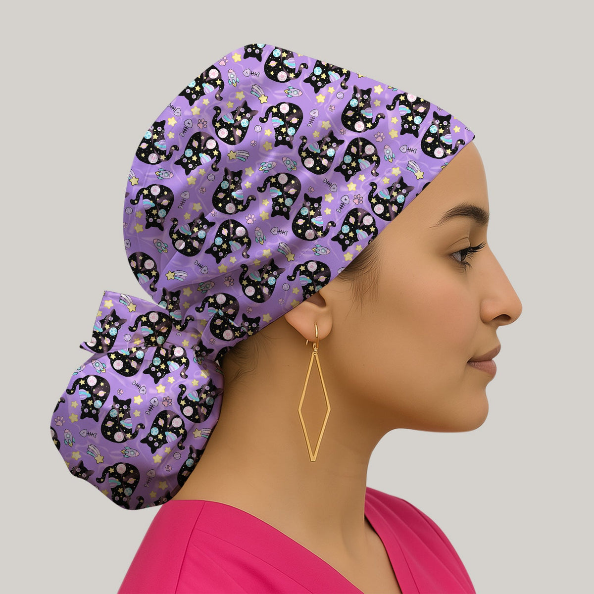 Galaxy Black Cat Space Scrub Cap