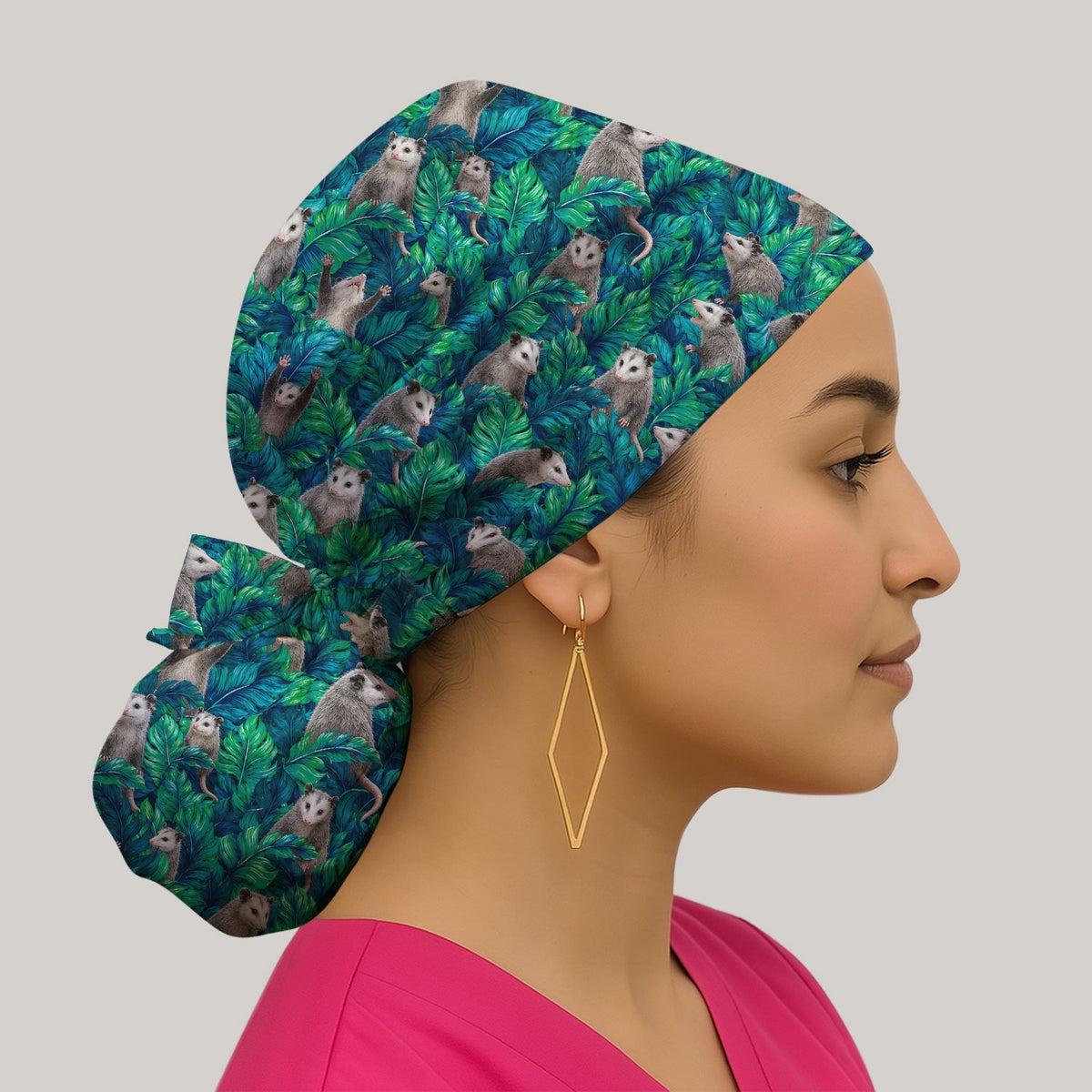 Tropical Opossum Jungle Leaves Scrub Cap