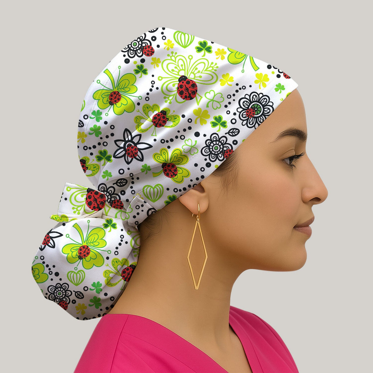Ladybug Clover Floral Scrub Cap