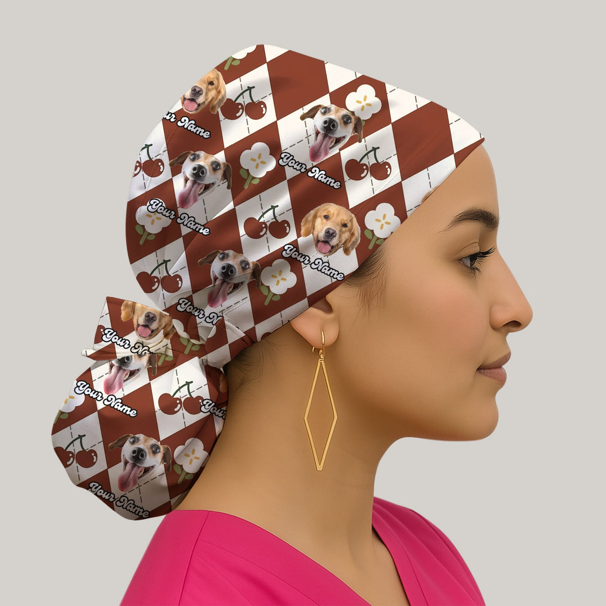 Dog Face Cherry Argyle Scrub Cap