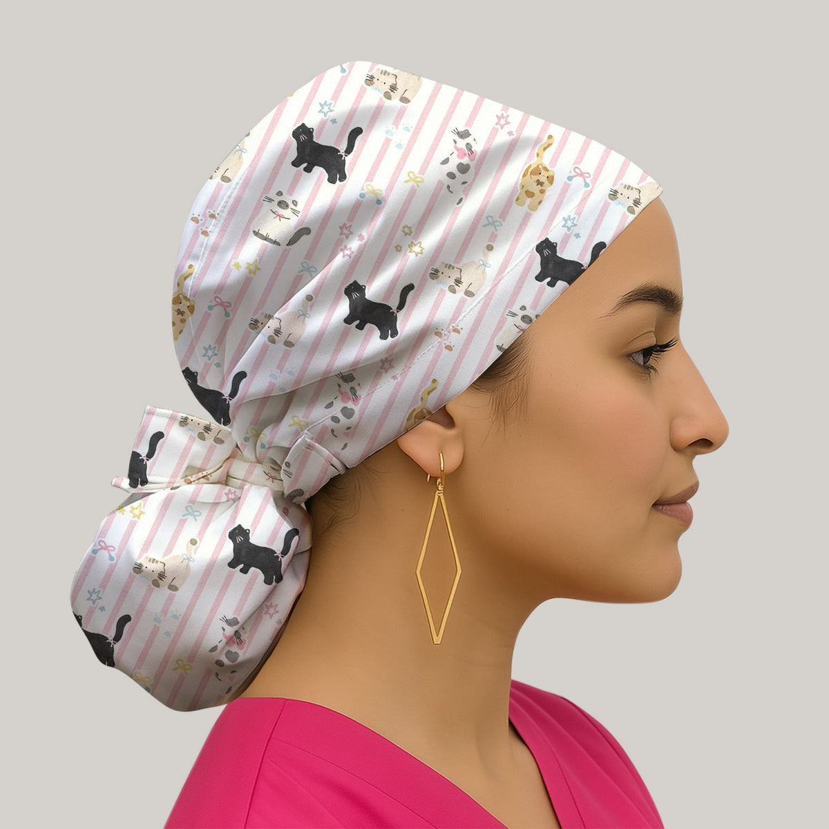 Playful Cat Stripe Ribbon Scrub Cap