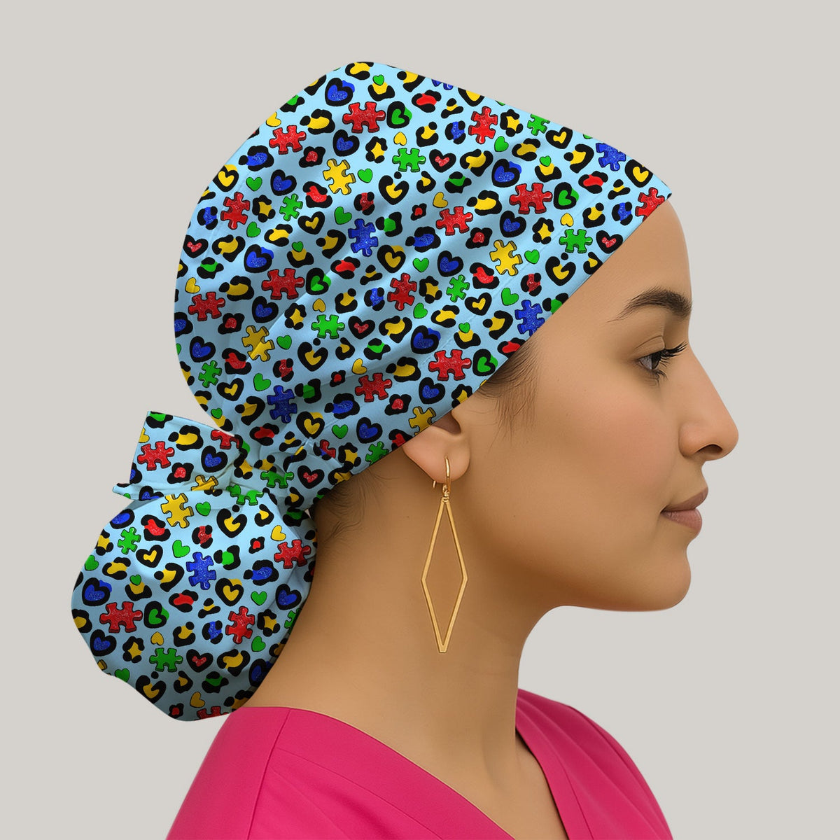 Colorful Puzzle Heart Scrub Cap