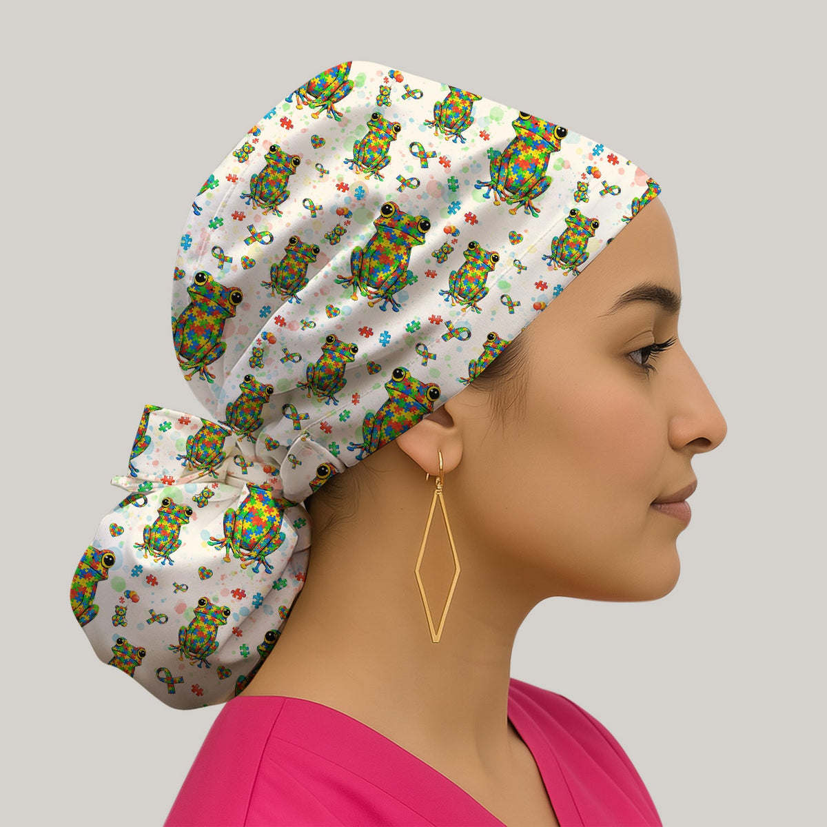 Colorful Autism Puzzle Frog Scrub Cap