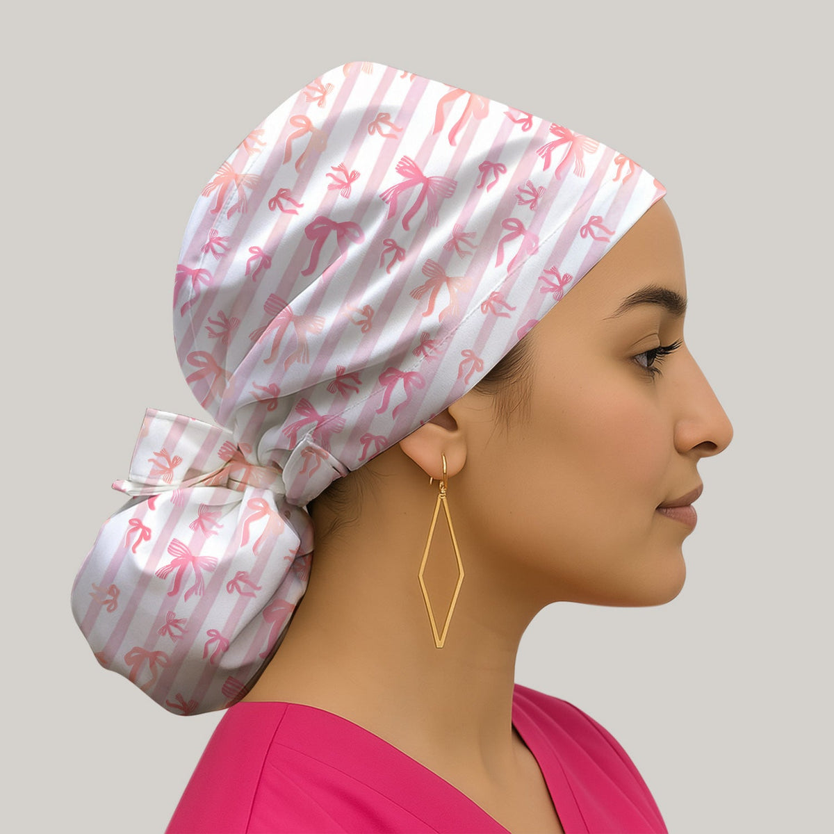 Pink Bow Stripe Nurse Scrub Cap