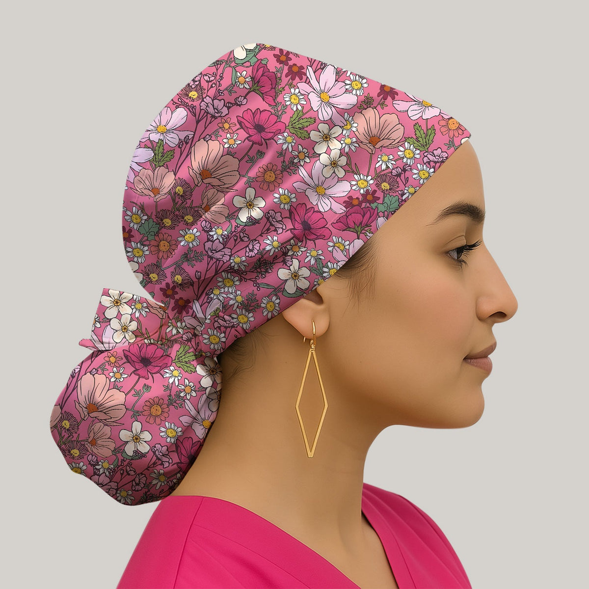 Pink Daisy Wildflower Scrub Cap