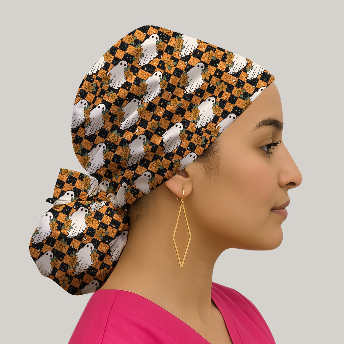 Spooky Ghost Checkerboard Scrub Cap