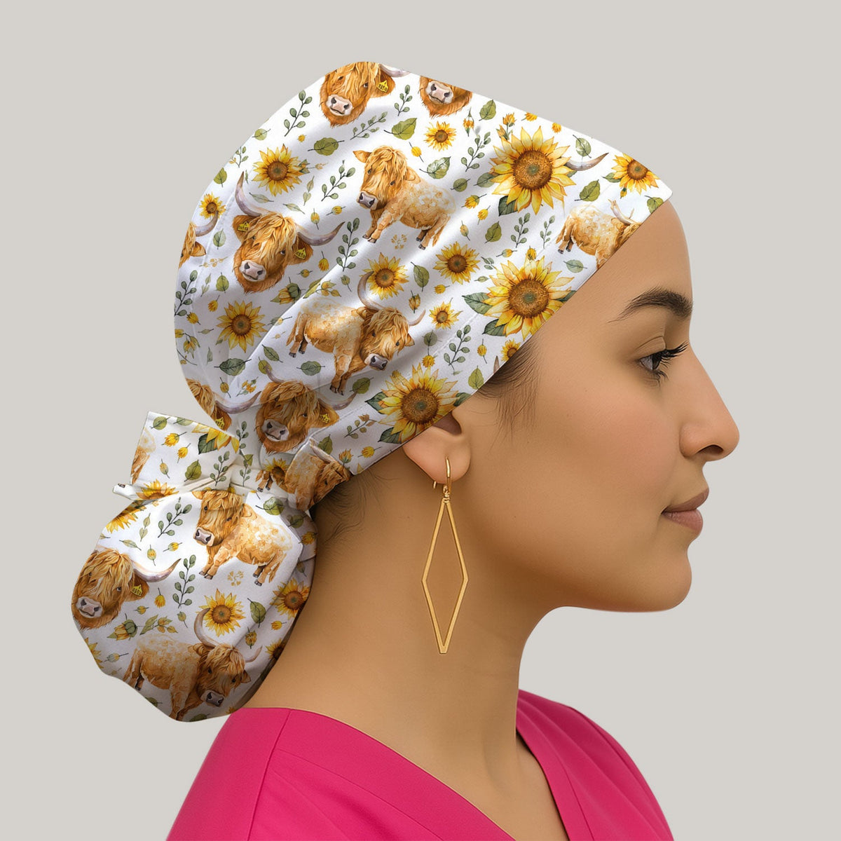 Highland Cow Sunflower Pattern Scrub Cap For Nurse