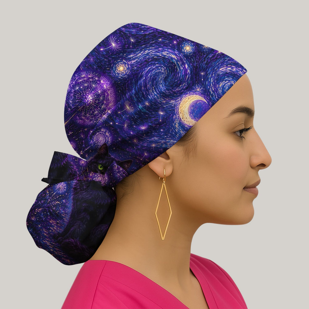 Mystical Black Cat Starry Night Scrub Cap