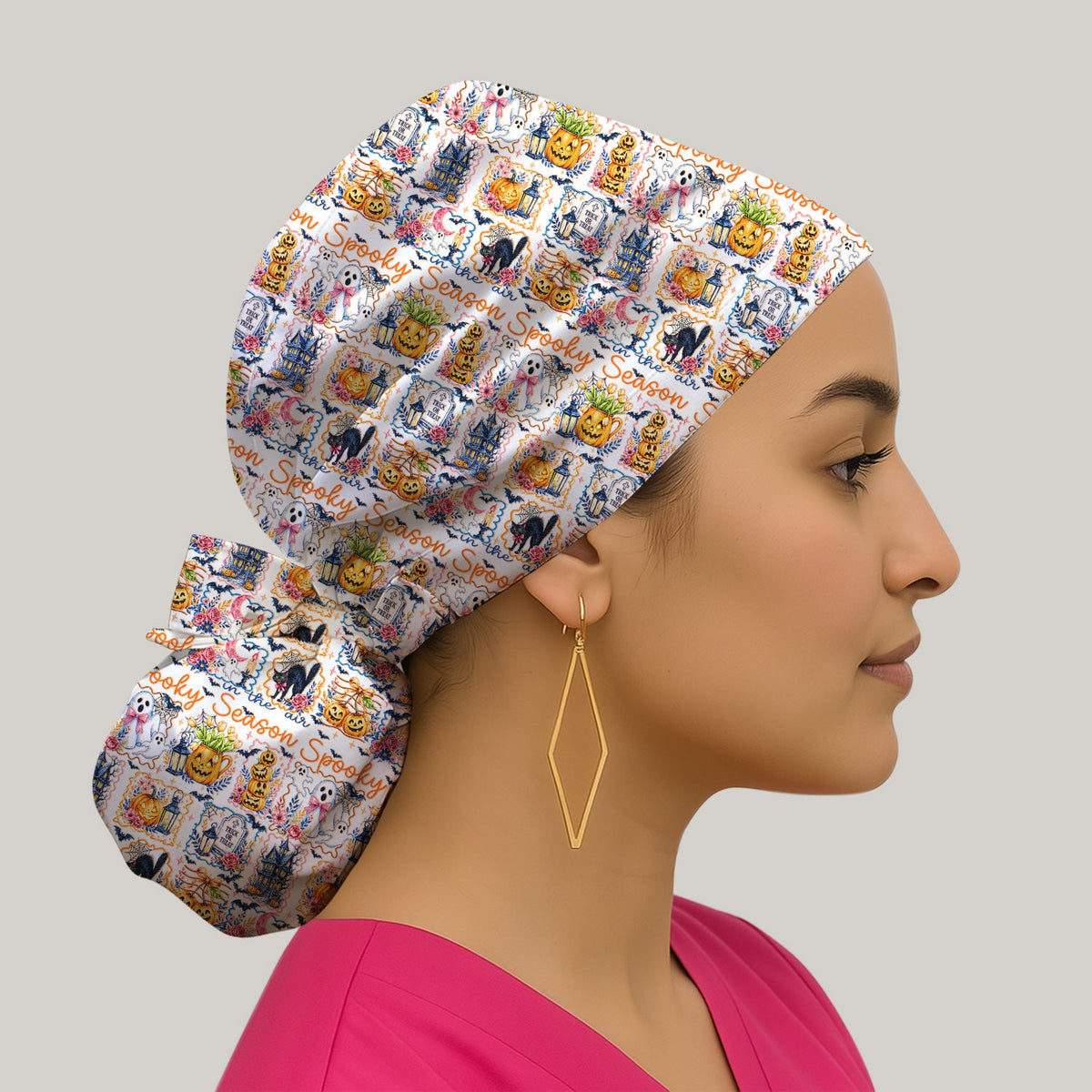 Spooky Pumpkin Ghost Pattern Scrub Cap