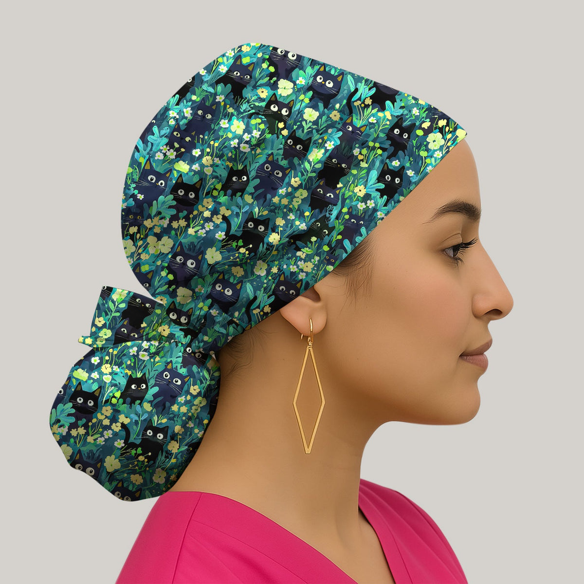 Black Cat Floral Scrub Cap