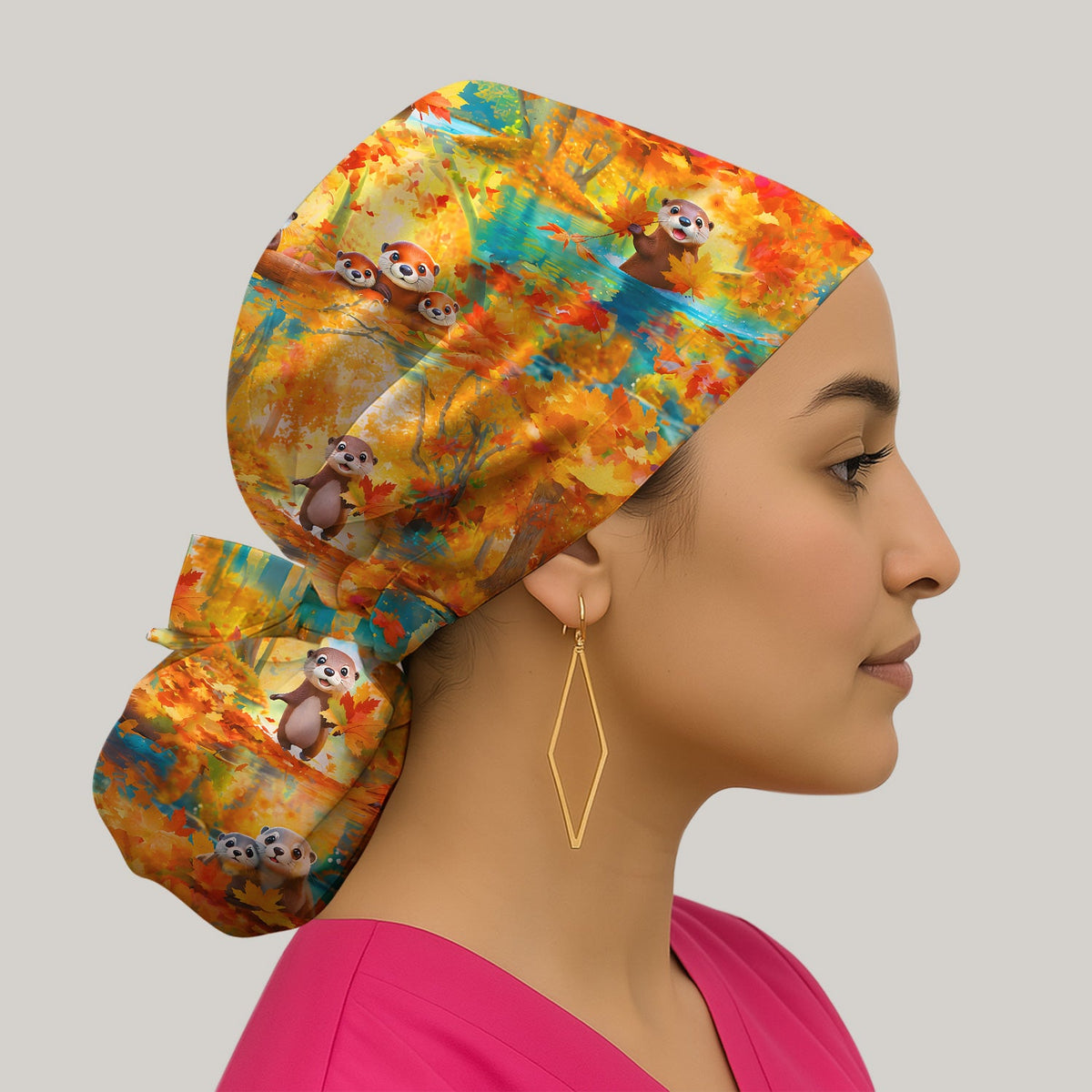 Cute Autumn Otter Leaf Forest Scrub Cap