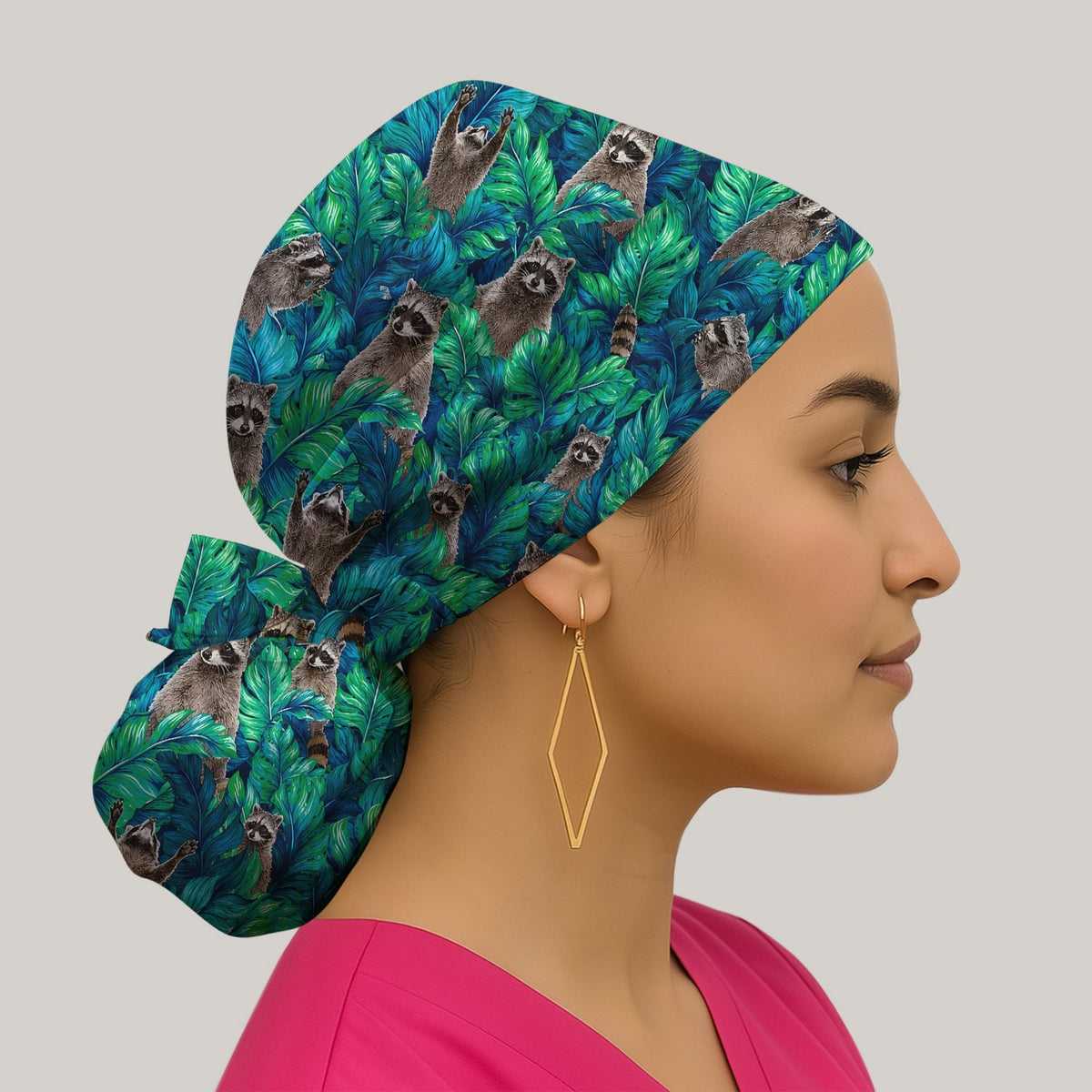 Tropical Raccoon Jungle Leaves Scrub Cap