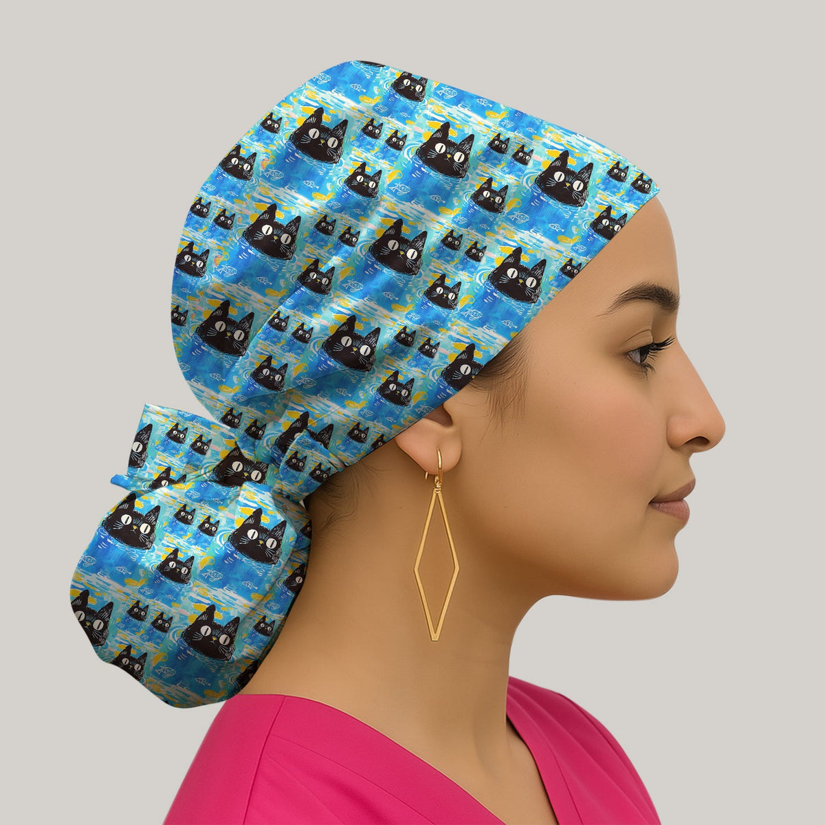 Black Cat Swimming In Blue Water Scrub Cap