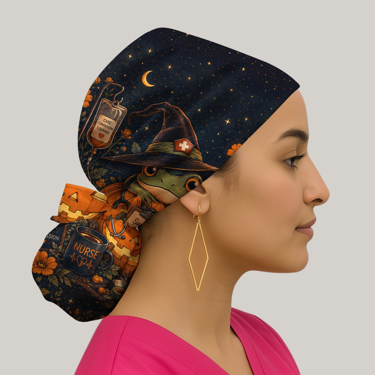 Witch Frog Pumpkin Scrub Cap - Halloween Gift For Nurse
