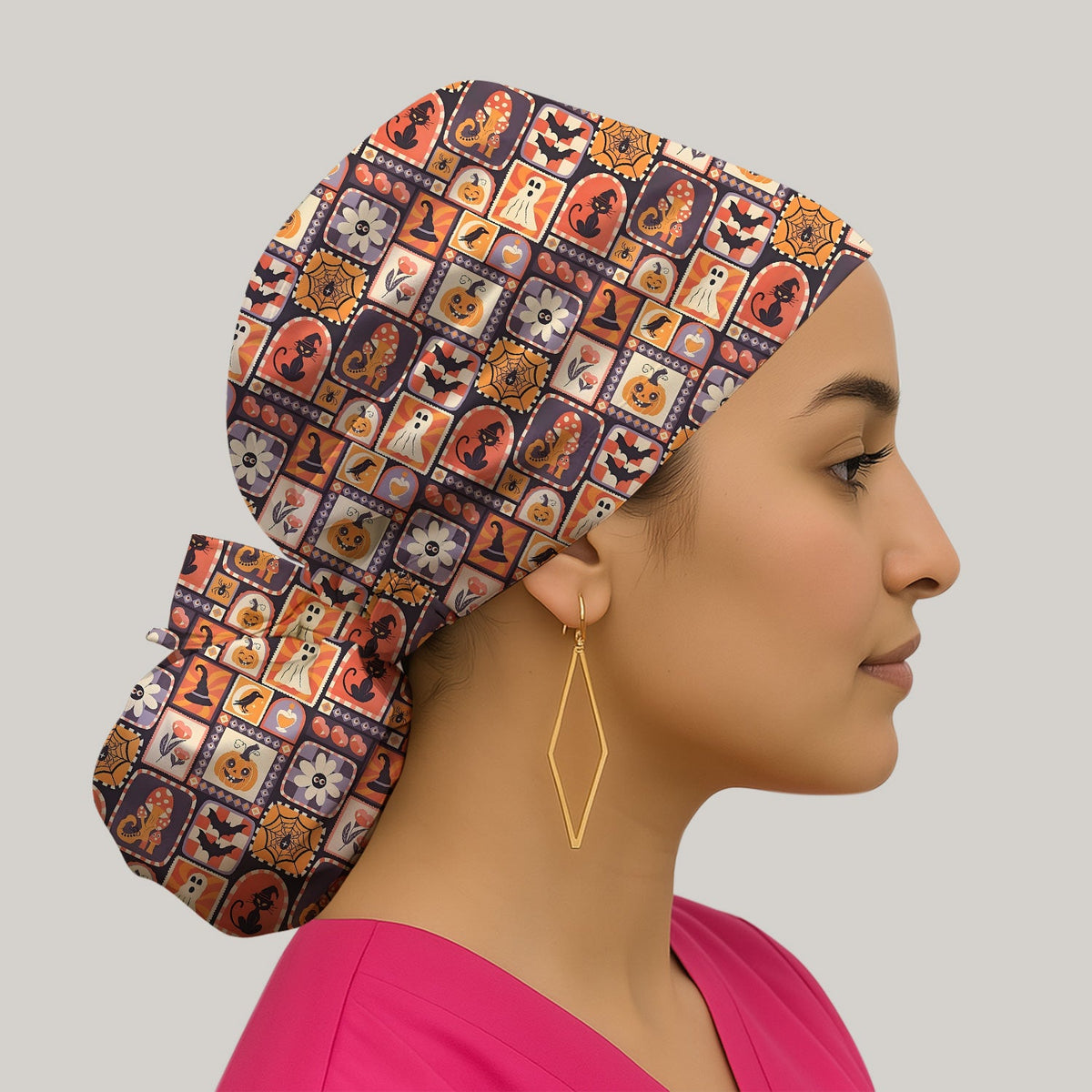Retro Halloween Patchwork Scrub Cap