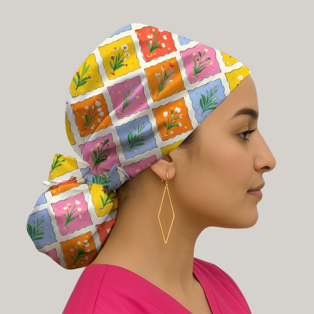 Colorful Floral Tile Scrub Cap