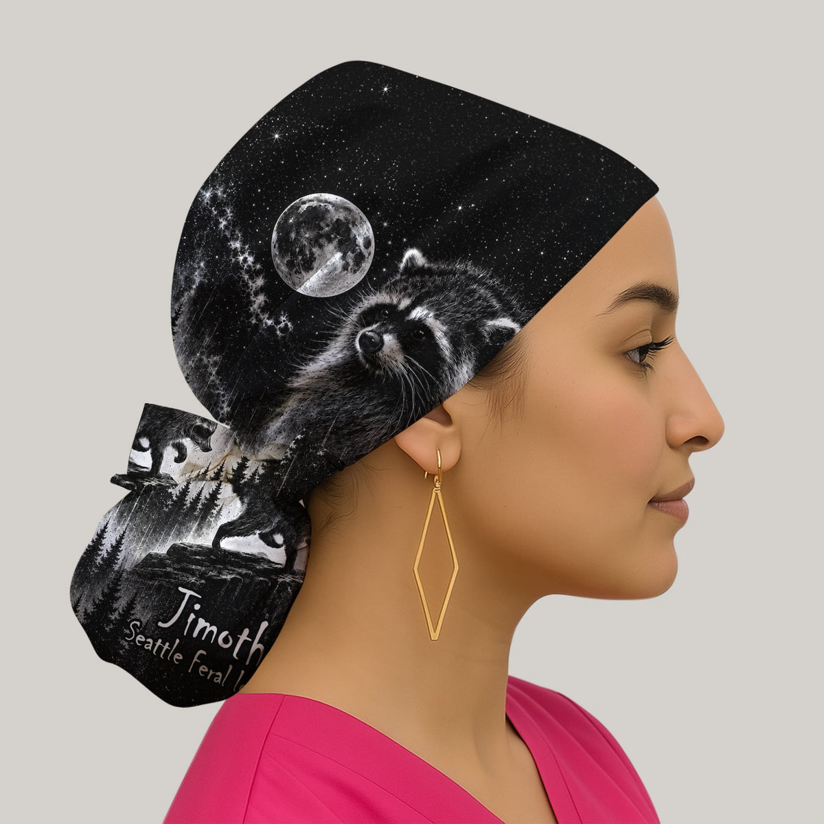 Moonlit Raccoon Forest Scrub Cap