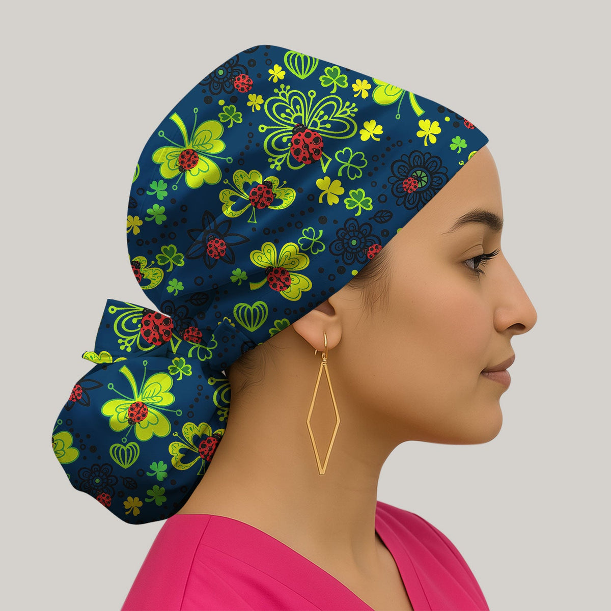 Ladybug Clover Floral Scrub Cap