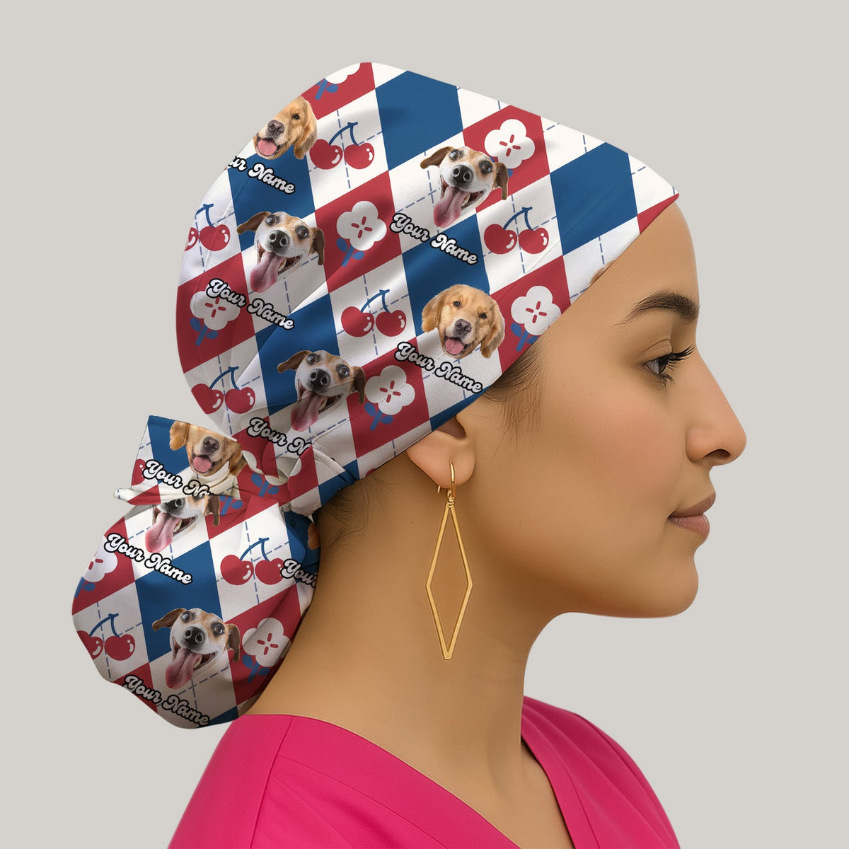 Dog Face Cherry Argyle Scrub Cap