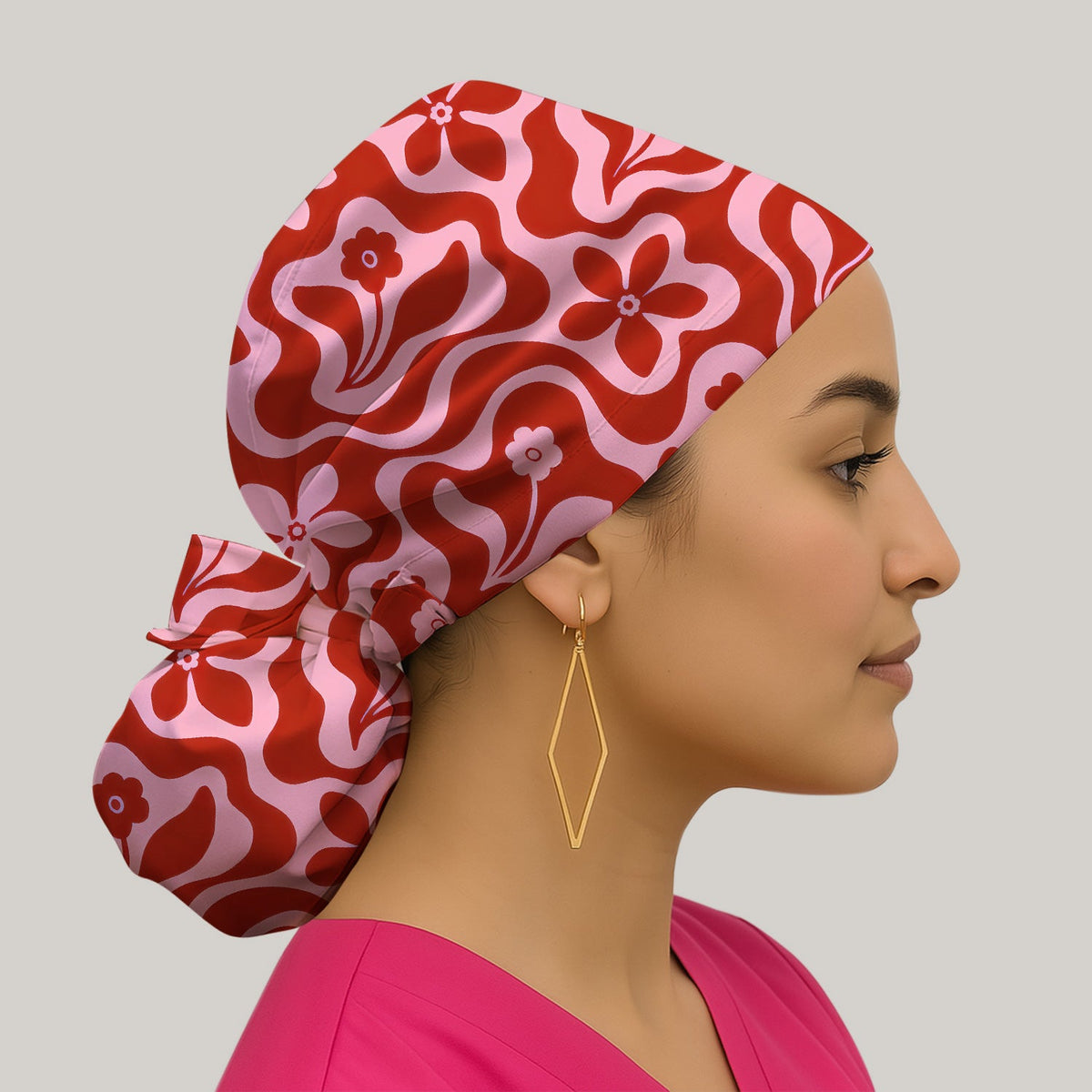Retro Pink Floral Groovy Scrub Cap