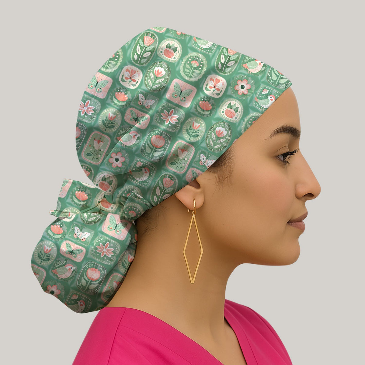 Folk Art Floral Bird Butterfly Garden Scrub Cap