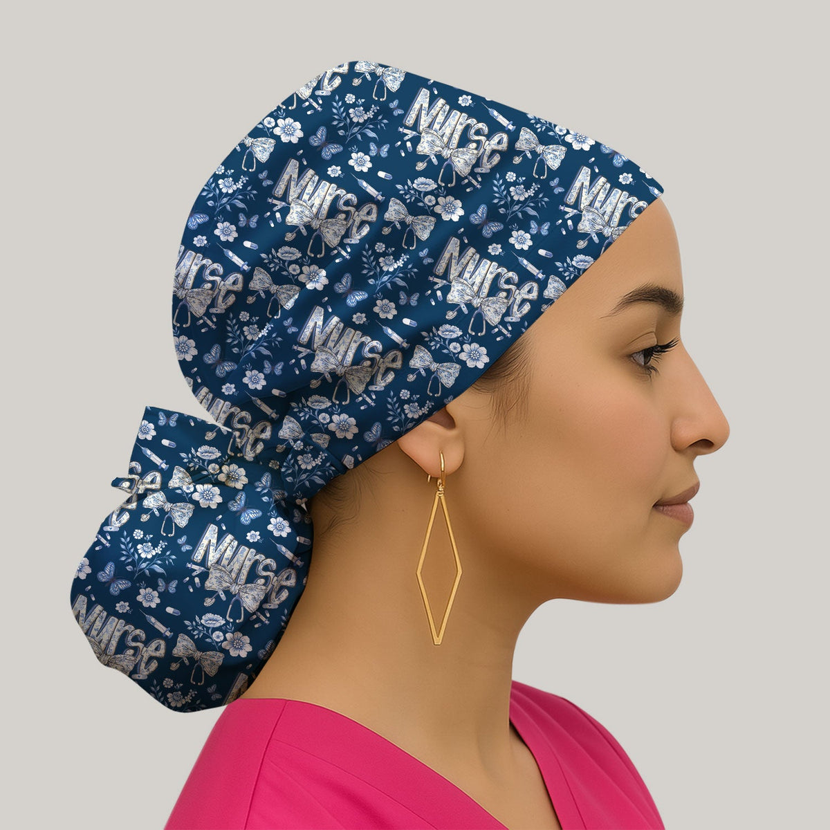Blue Nurse Bow Butterfly Floral Scrub Cap