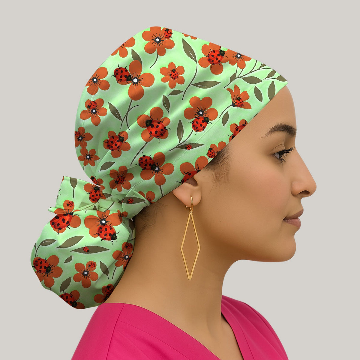 Ladybug Orange Floral Garden Scrub Cap