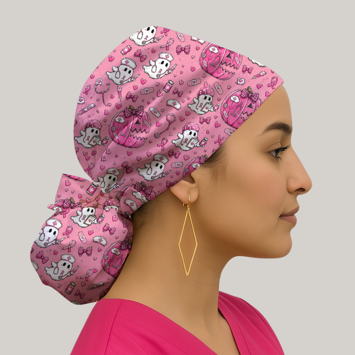 Pink Ribbon Ghost Pattern Scrub Cap