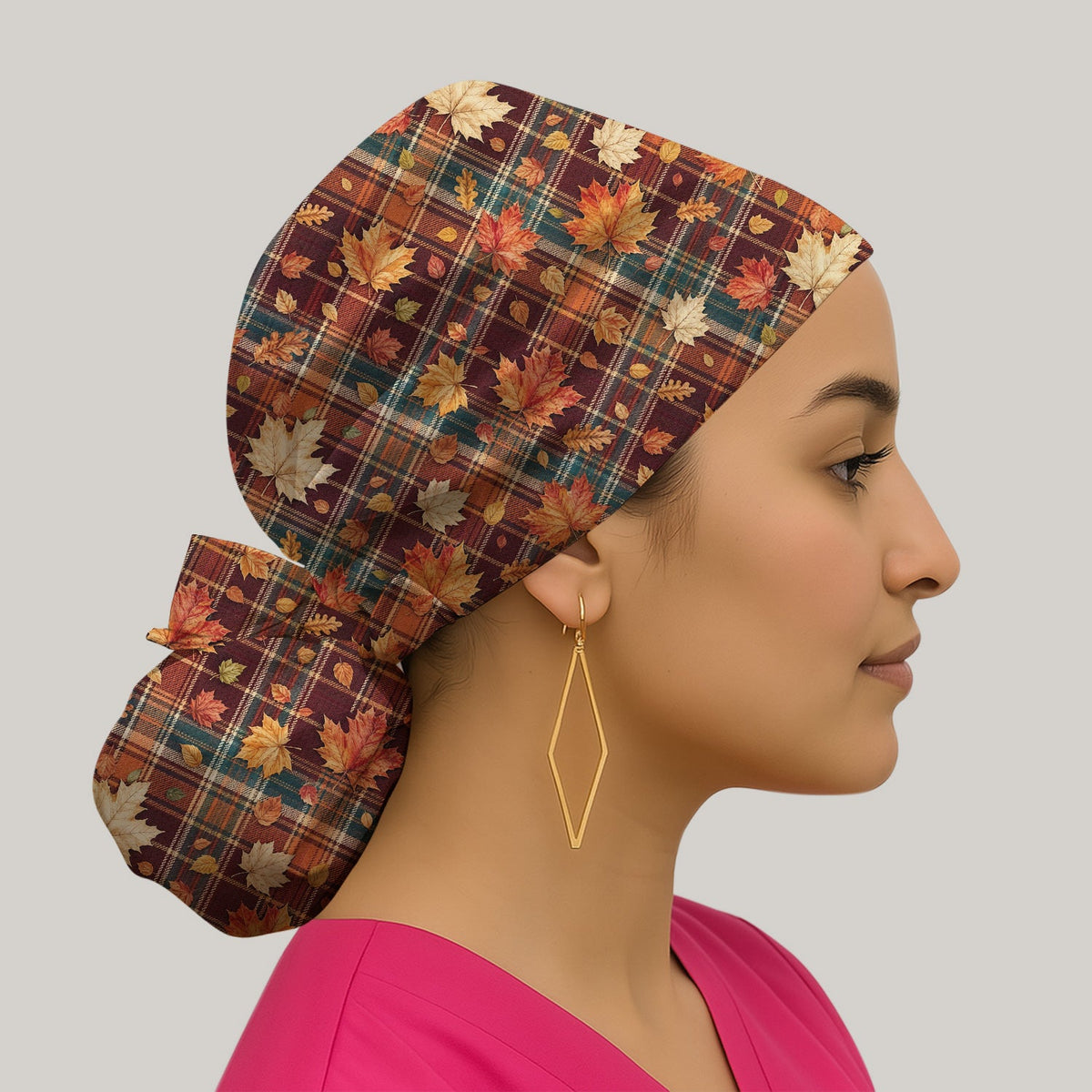 Autumn Plaid Maple Leaves Scrub Cap