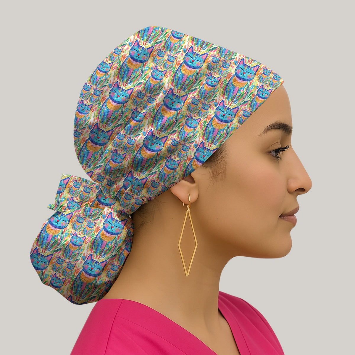 Colorful Rainbow Cat Floral Brushstroke Scrub Cap