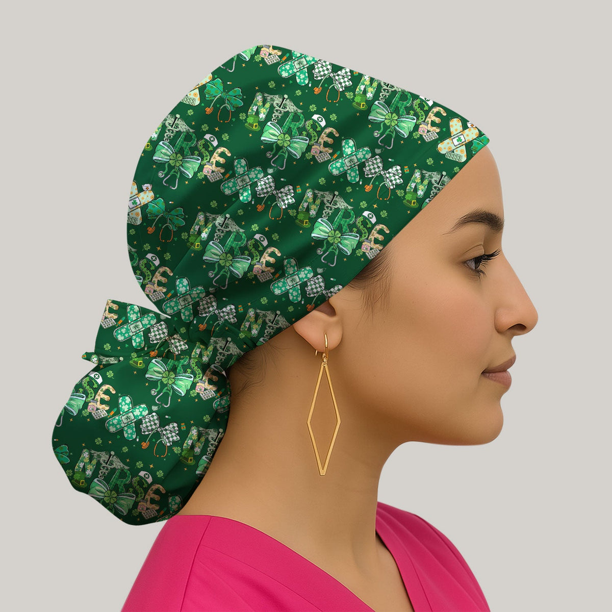 St Patrick Clover Green Bow Scrub Cap