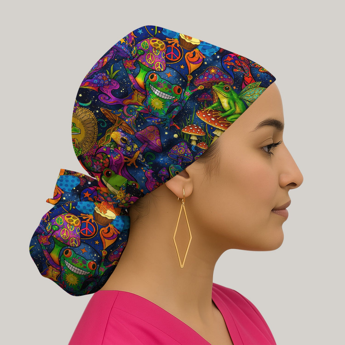 Psychedelic Frog Mushroom Peace Scrub Cap