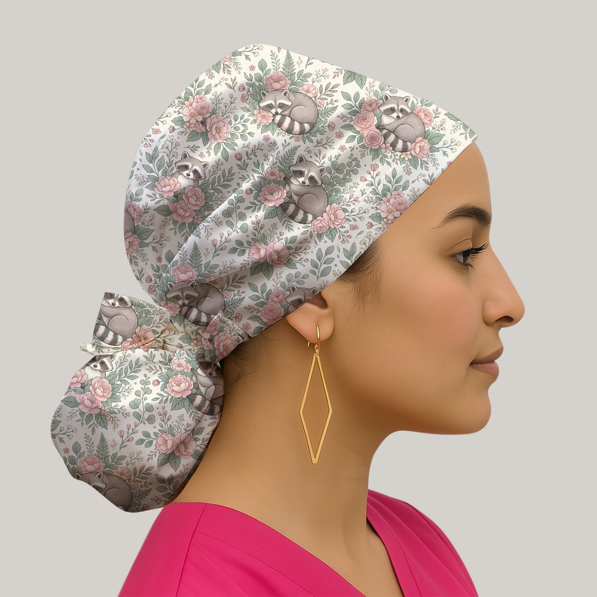 Sleeping Raccoon Rose Garden Scrub Cap