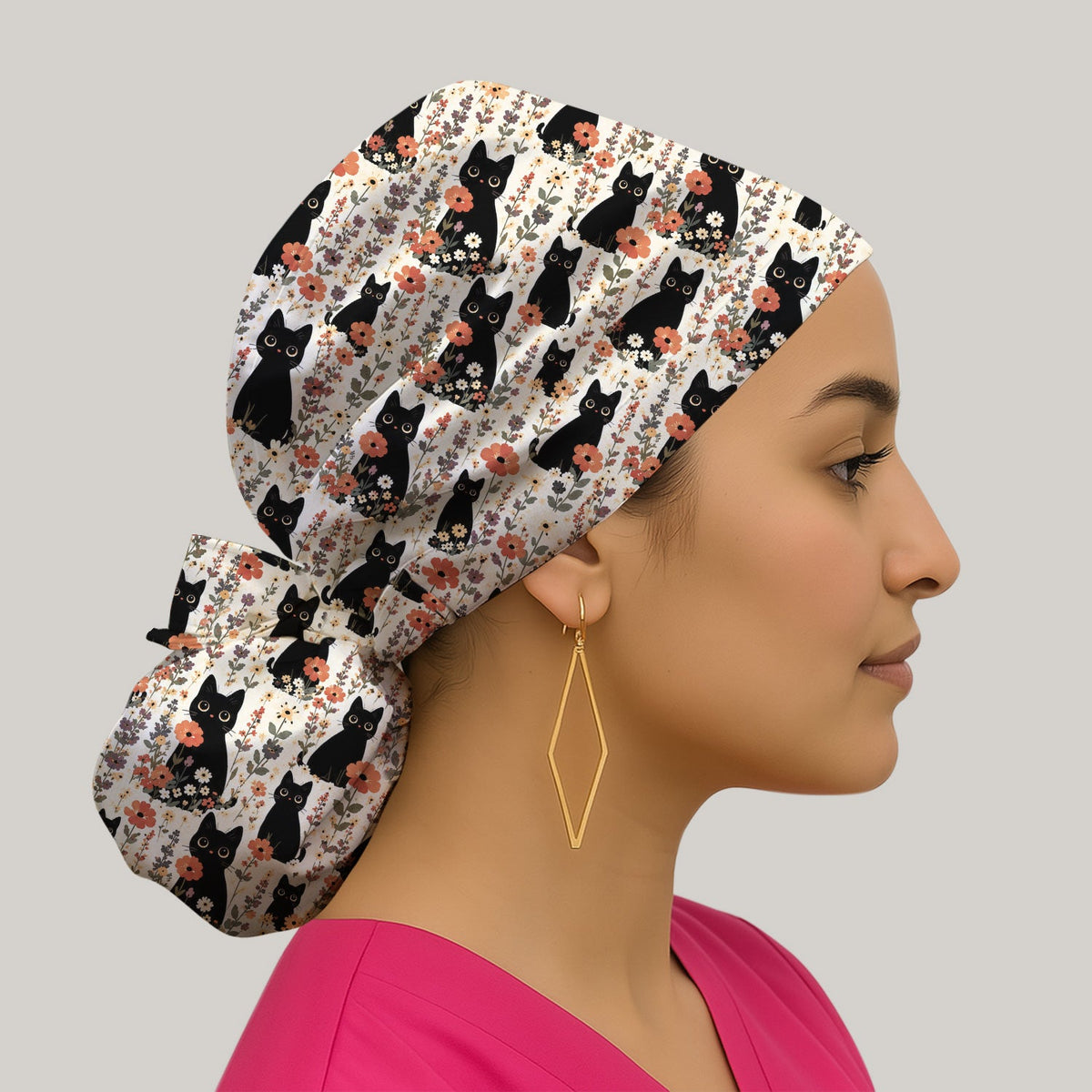 Cute Black Cat Wildflower Scrub Cap