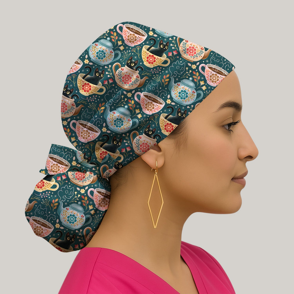Black Cat Tea Party Veterinary Scrub Cap