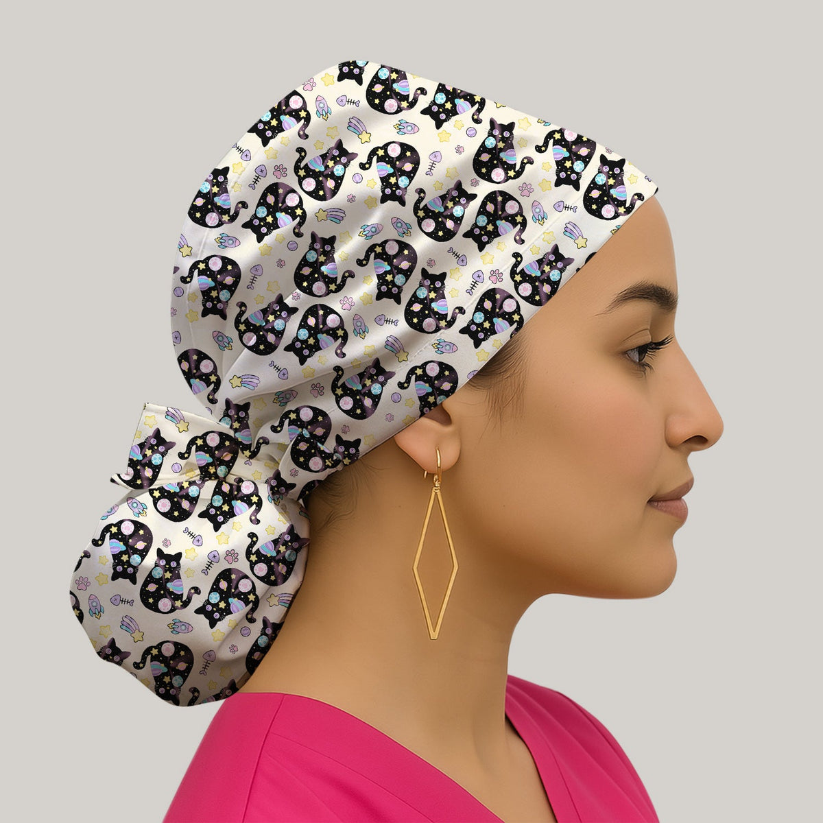Galaxy Black Cat Space Scrub Cap