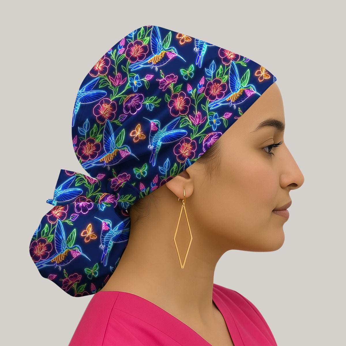 Neon Hummingbird Floral Garden Scrub Cap