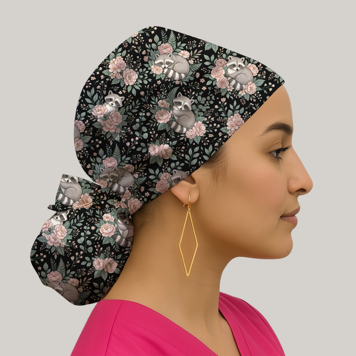 Sleeping Raccoon Rose Garden Scrub Cap