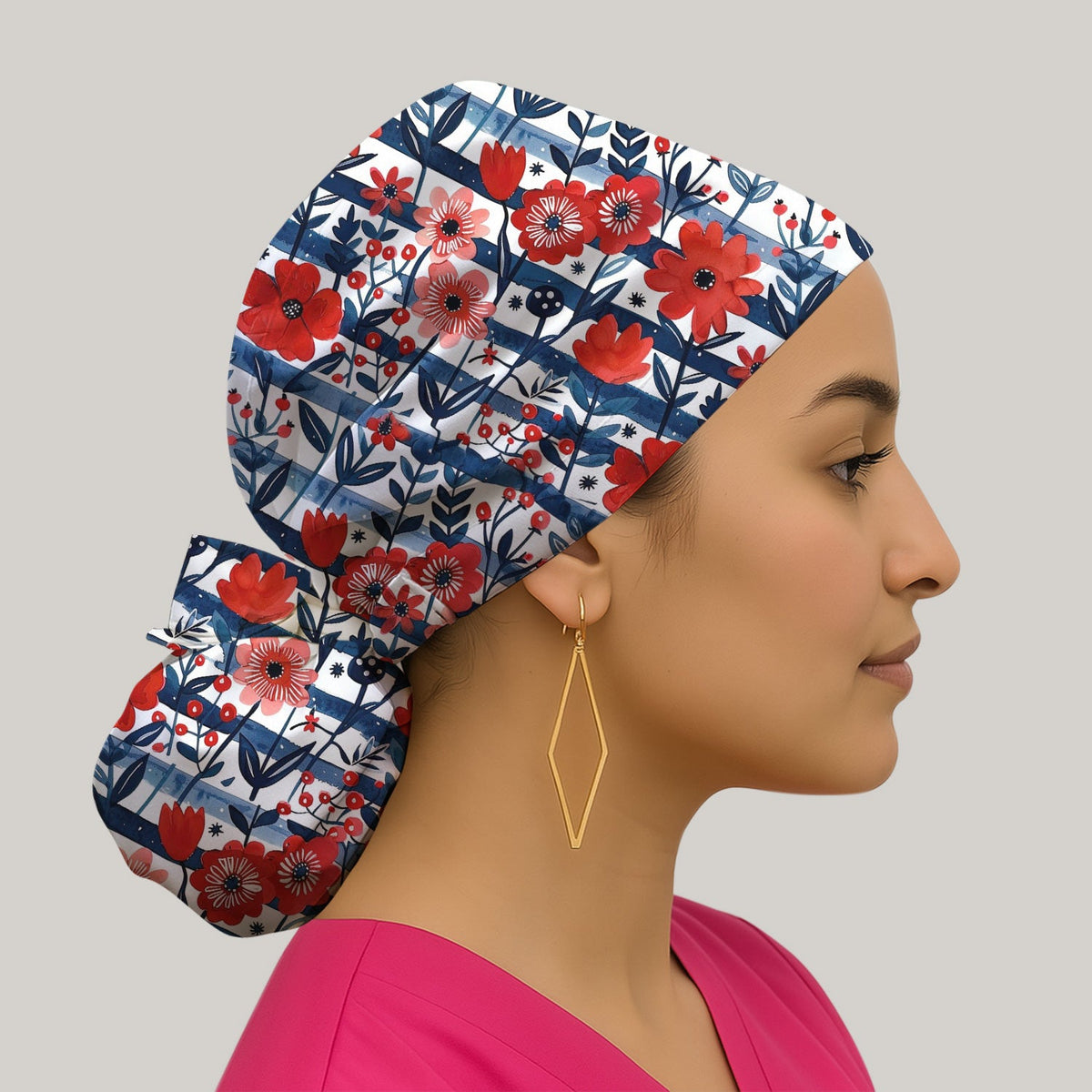 Red Poppy Navy Stripe Scrub Cap
