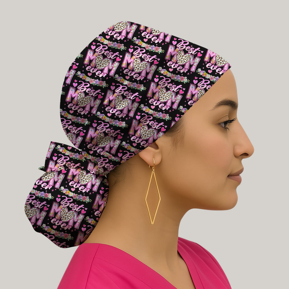 Best Mom Ever Leopard Heart Scrub Cap