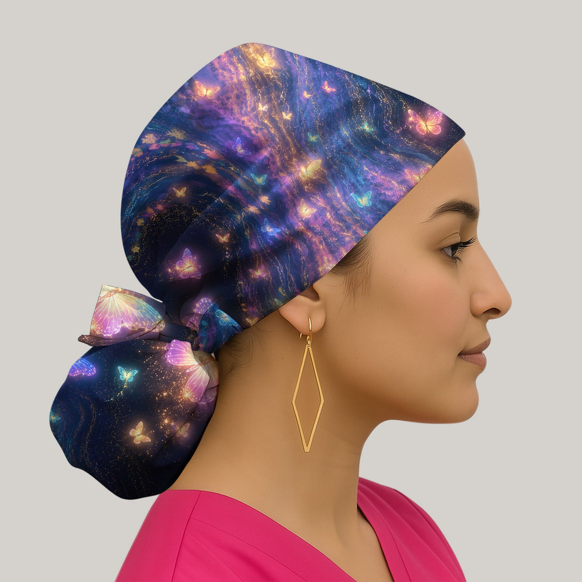 Neon Butterfly Galaxy Marble Scrub Cap