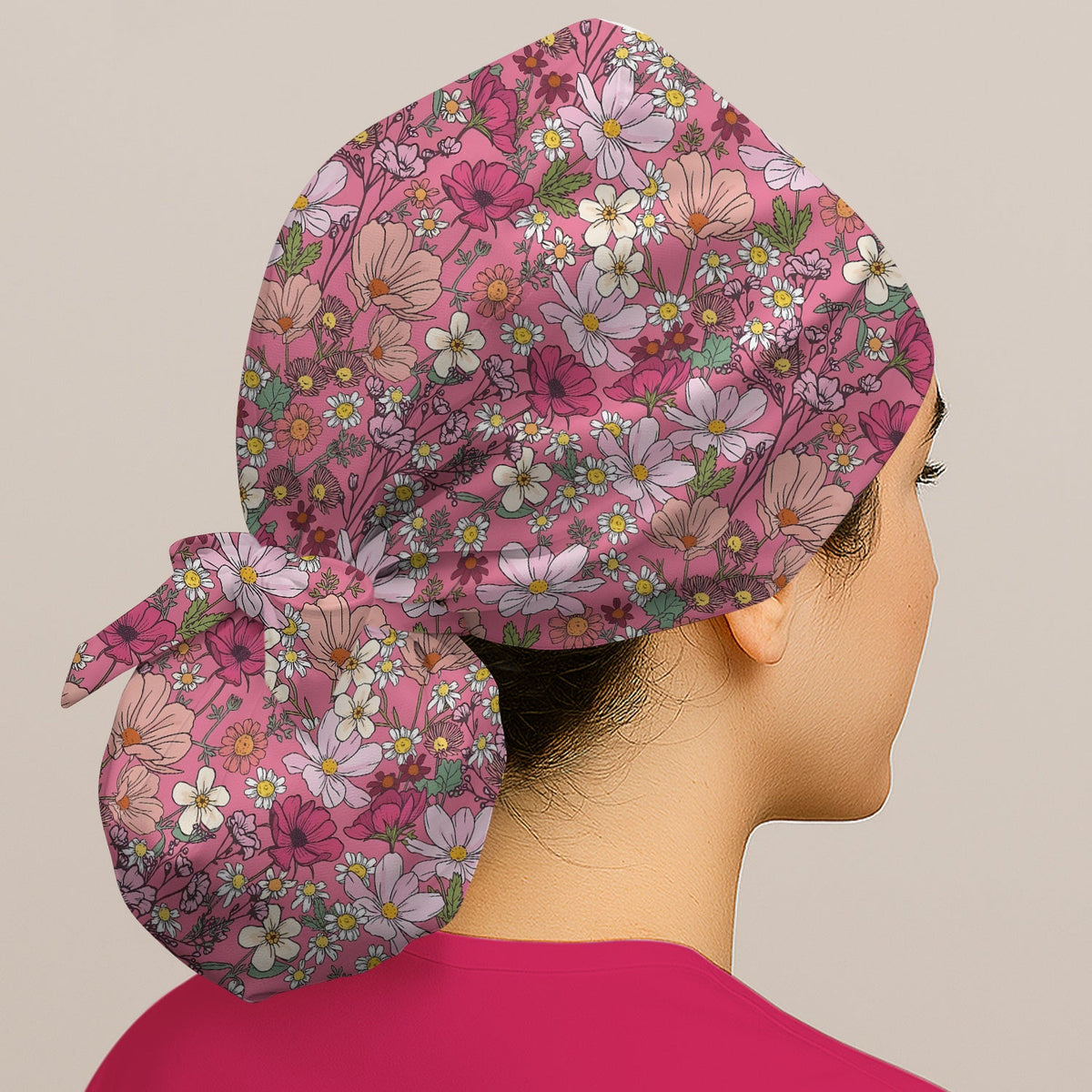 Pink Daisy Wildflower Scrub Cap