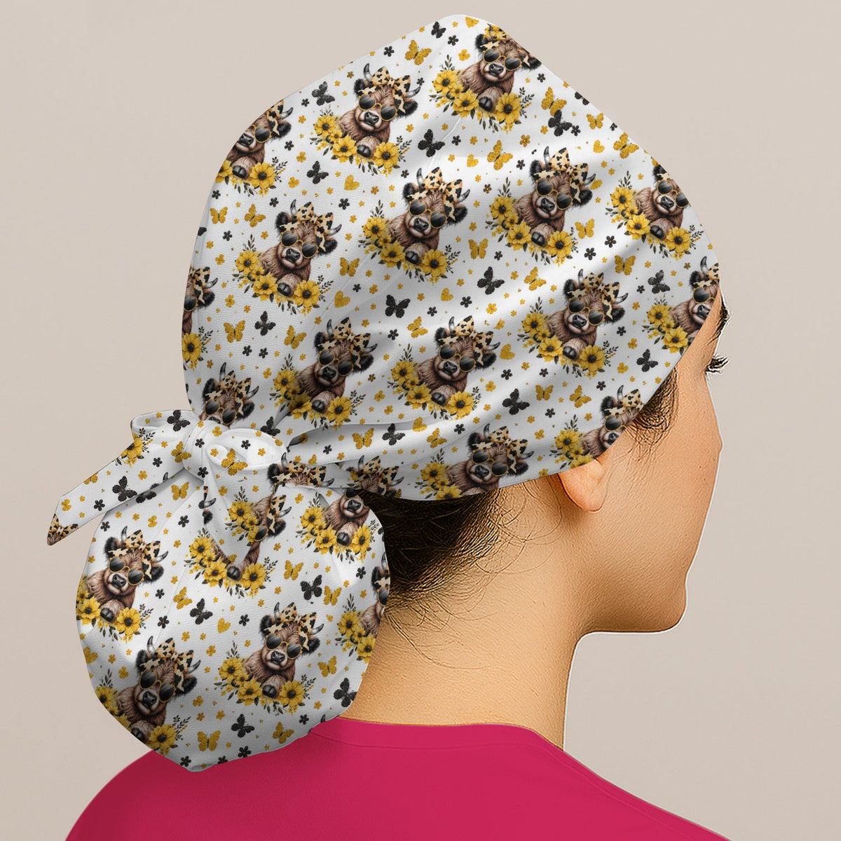 Sassy Highland Cow Sunflower Scrub Cap