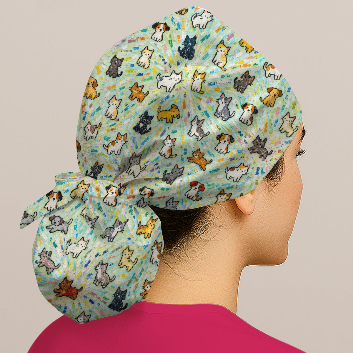 Colorful Cats Dogs Doodle Scrub Cap