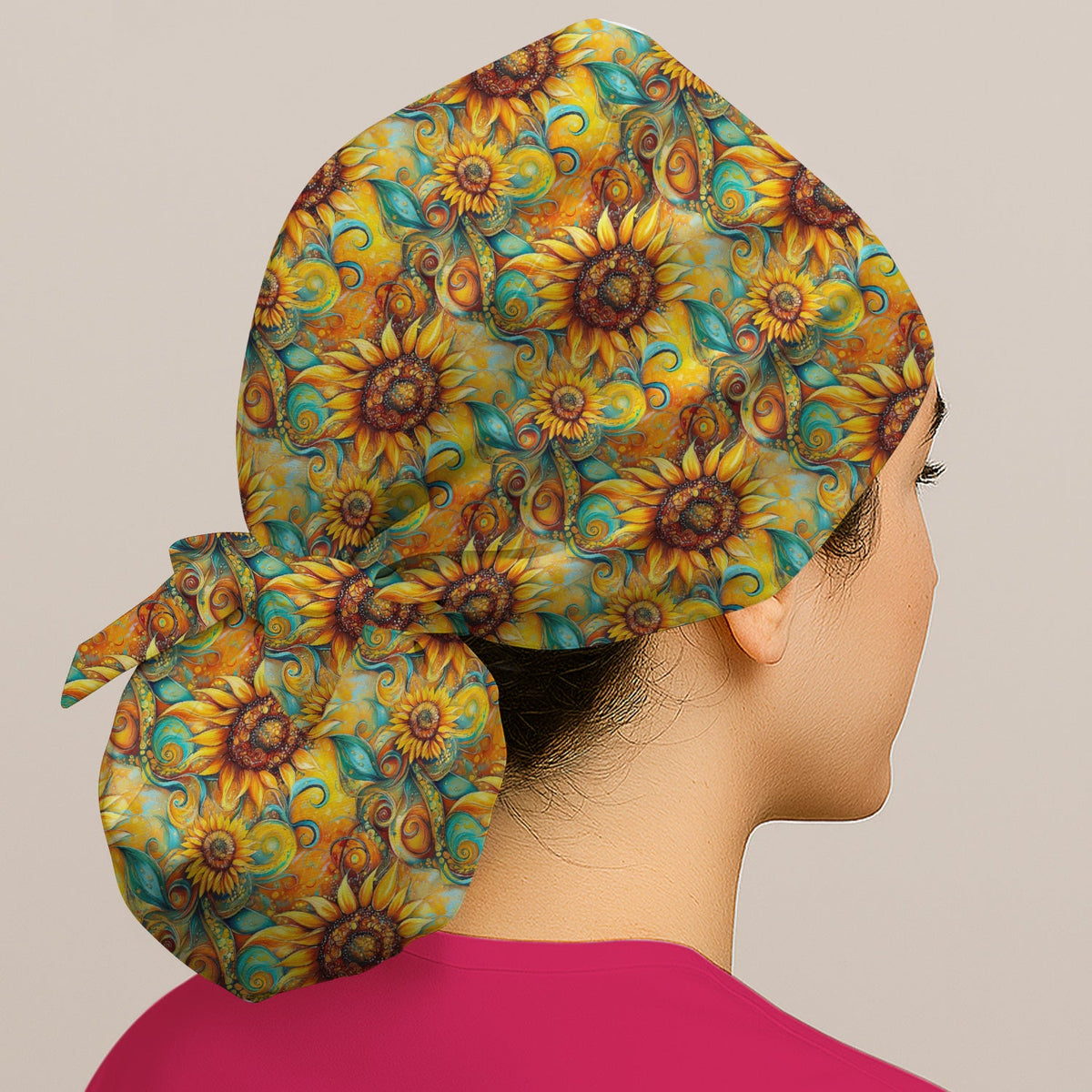 Sunflower Swirl Floral Scrub Cap