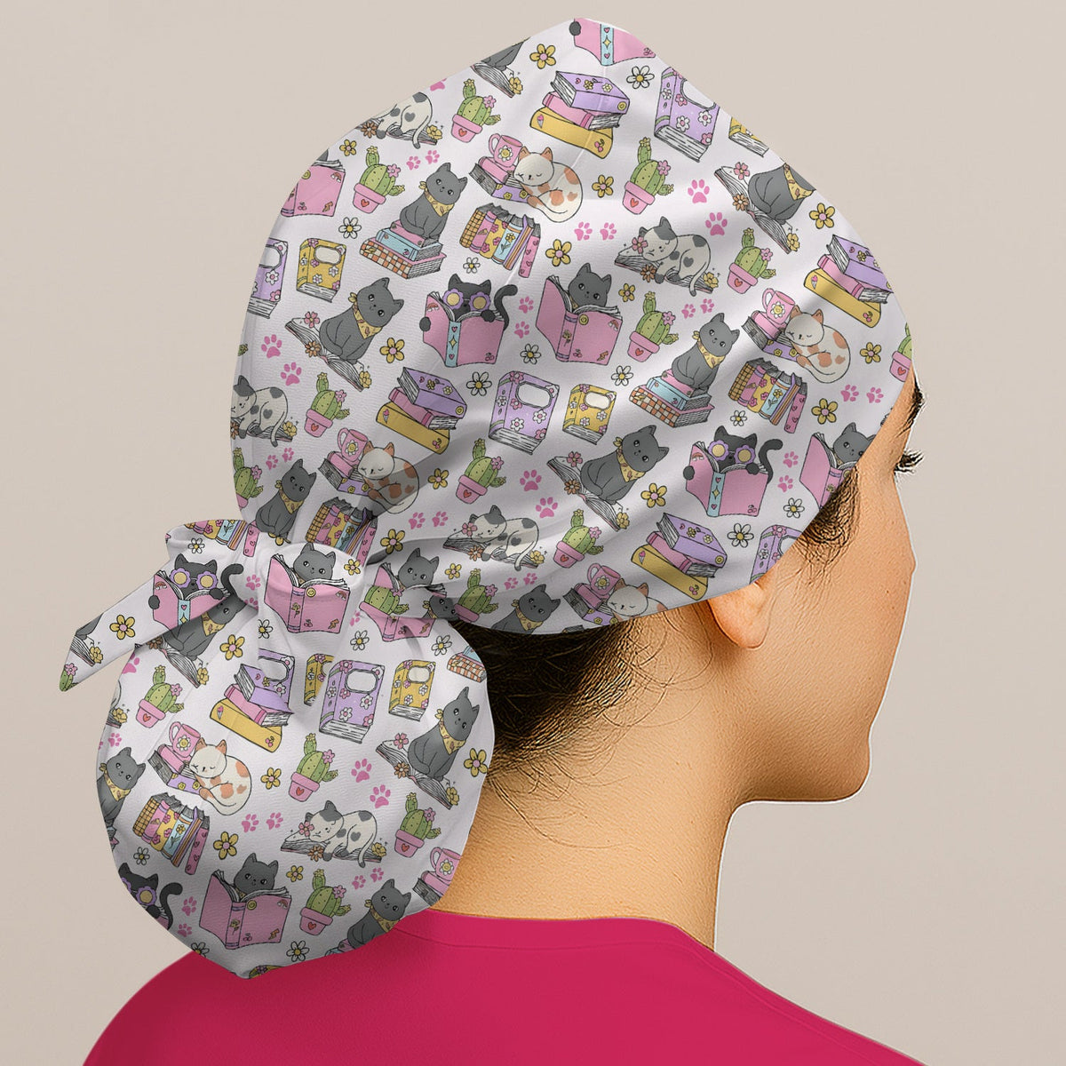 Cat Book Cactus Scrub Cap